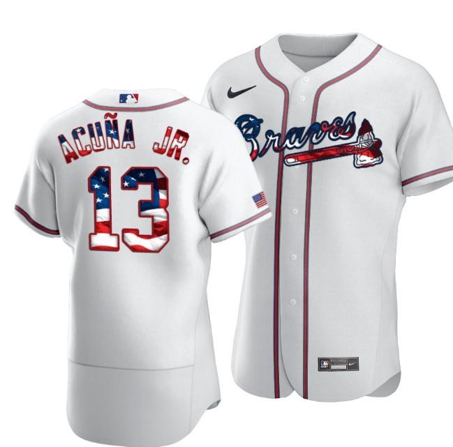 Men's Atlanta Braves #13 Ronald Acuña Jr White 2020 Stars & Stripes Flex Base Stitched Jersey